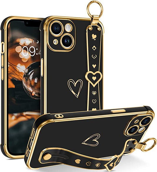 Love your iPhone 14 with Telaso's Cute Love Heart Phone Case! With Wristband and Kickstand Holder, Soft TPU Plating Bumper and Slim Shockproof Protection.