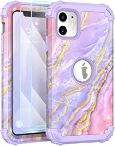 "Pixiu iPhone 11 Case 6.1 inch: Sturdy Three-Layer Protective Cover with Soft Silicone and Hard Plastic Bumper in Purple Marble Design"