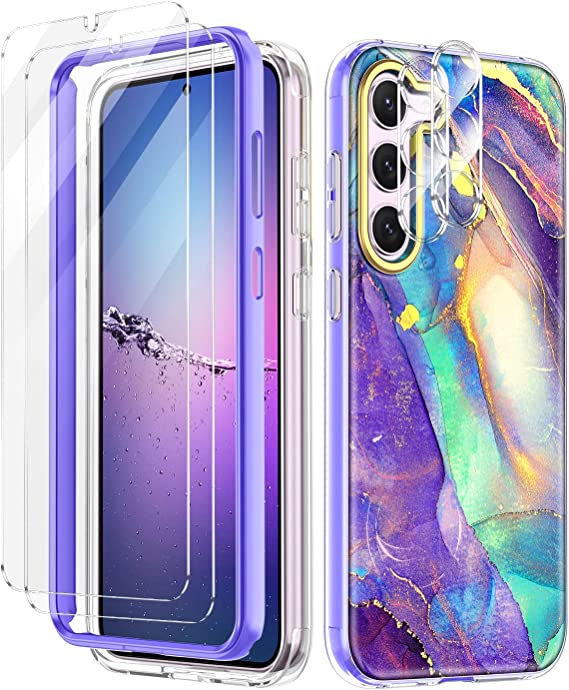 "Complete Protection for your Galaxy S23: Rancase with 2 Glass Screen & Camera Lens Protectors, Slim Shockproof Cover in Stylish Purple Marble Pattern"