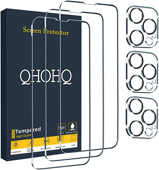 "Keep Your iPhone 13 Pro Protected with QHOHQ's 3-Pack Screen and Camera Lens Protectors! Enjoy Ultra HD Clarity, 9H Hardness, and Scratch Resistance Without Sacrificing Compatibility with Your Favorite Phone Cases!"